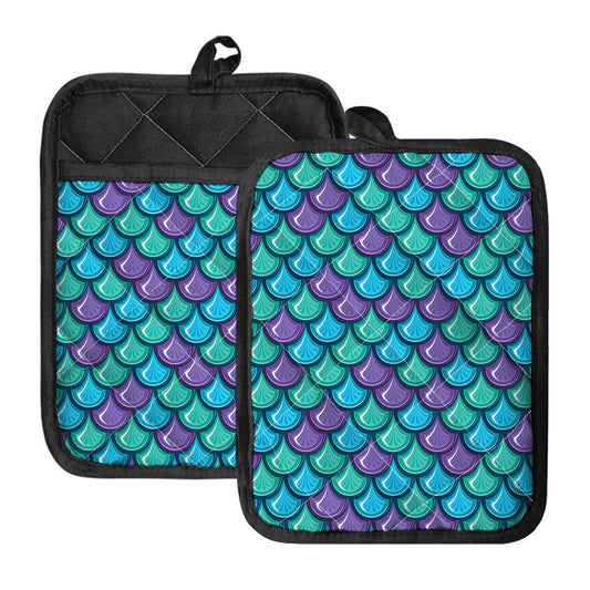 Teal Mermaid Scales Pattern Print Pot Holders With Pocket