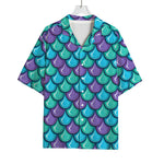 Teal Mermaid Scales Pattern Print Rayon Hawaiian Shirt