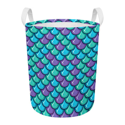 Teal Mermaid Scales Pattern Print Round Laundry Basket