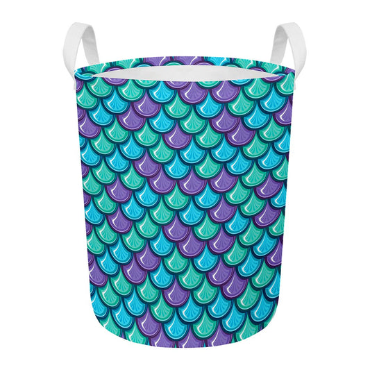 Teal Mermaid Scales Pattern Print Round Laundry Basket