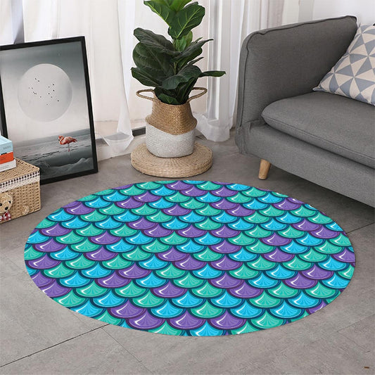 Teal Mermaid Scales Pattern Print Round Rug
