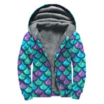 Teal Mermaid Scales Pattern Print Sherpa Lined Zip Up Hoodie