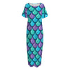 Teal Mermaid Scales Pattern Print Short Sleeve Long Nightdress