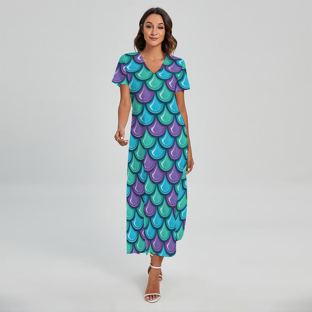 Teal Mermaid Scales Pattern Print Short Sleeve Maxi Dress