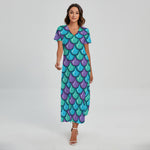 Teal Mermaid Scales Pattern Print Short Sleeve Maxi Dress