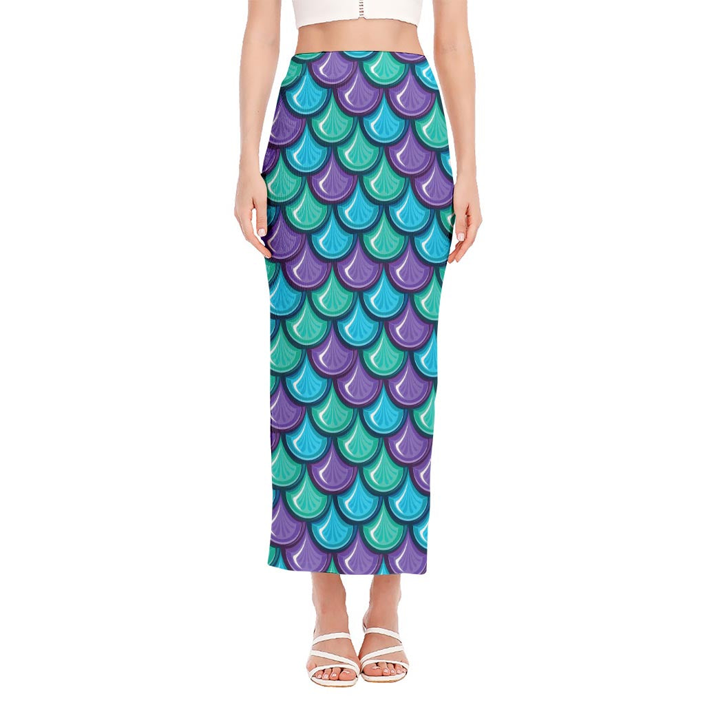 Teal Mermaid Scales Pattern Print Side Slit Maxi Skirt