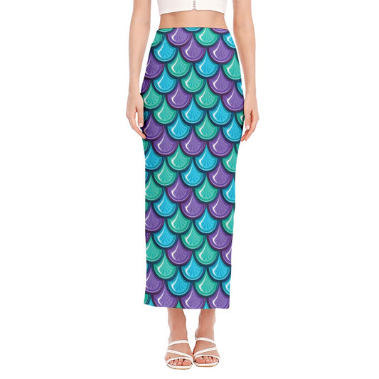 Teal Mermaid Scales Pattern Print Side Slit Maxi Skirt