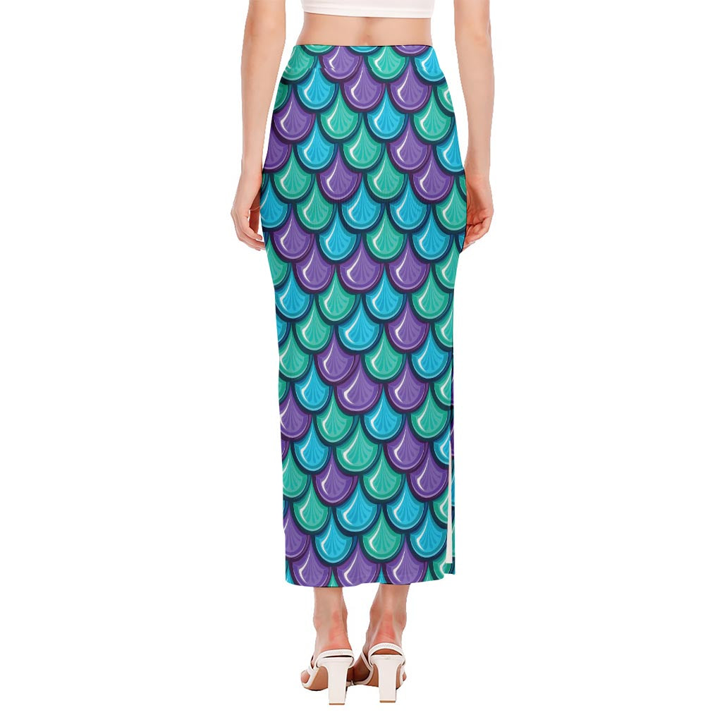 Teal Mermaid Scales Pattern Print Side Slit Maxi Skirt