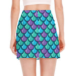 Teal Mermaid Scales Pattern Print Side Slit Mini Skirt