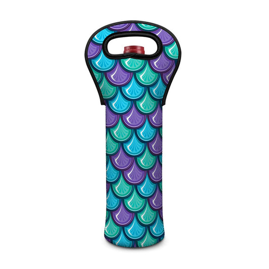 Teal Mermaid Scales Pattern Print Single Neoprene Wine Tote