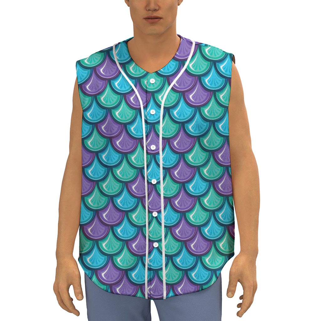 Teal Mermaid Scales Pattern Print Sleeveless Baseball Jersey