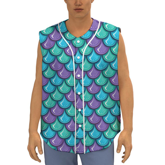 Teal Mermaid Scales Pattern Print Sleeveless Baseball Jersey
