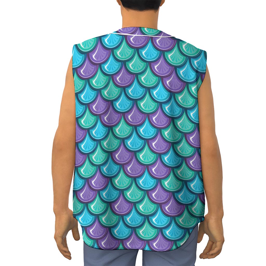 Teal Mermaid Scales Pattern Print Sleeveless Baseball Jersey