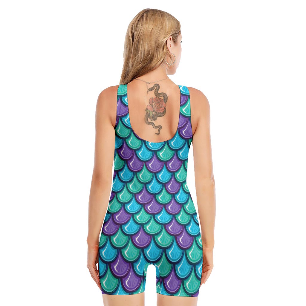 Teal Mermaid Scales Pattern Print Sleeveless One Piece Swimsuit