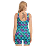 Teal Mermaid Scales Pattern Print Sleeveless One Piece Swimsuit