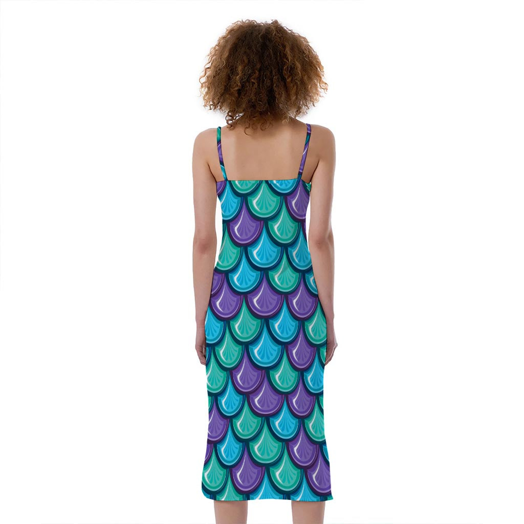 Teal Mermaid Scales Pattern Print Slim Fit Midi Cami Dress Teal Mermaid Scales Pattern Print Slim Fit Midi Cami Dress