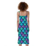 Teal Mermaid Scales Pattern Print Slim Fit Midi Cami Dress