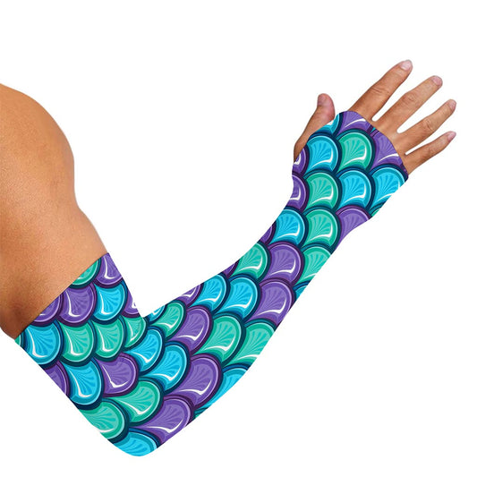 Teal Mermaid Scales Pattern Print Sun Protection Arm Sleeves