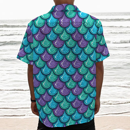 Teal Mermaid Scales Pattern Print Textured Short Sleeve Shirt
