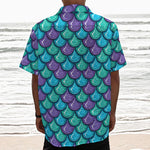 Teal Mermaid Scales Pattern Print Textured Short Sleeve Shirt