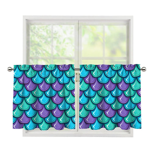 Teal Mermaid Scales Pattern Print Tier Curtains