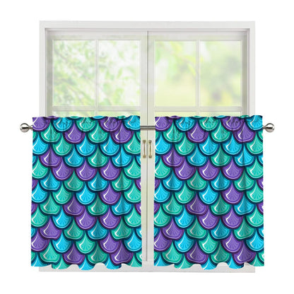 Teal Mermaid Scales Pattern Print Tier Curtains