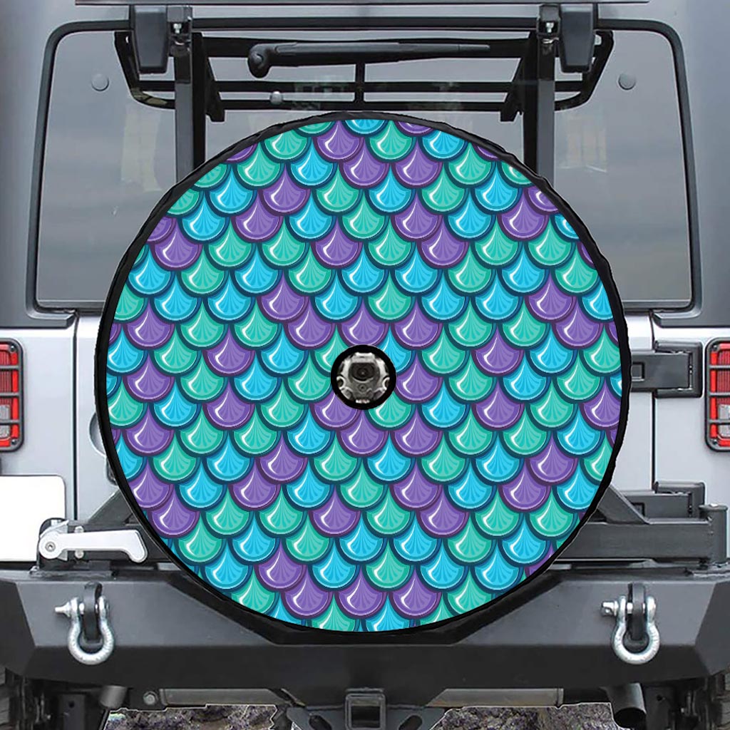 Teal Mermaid Scales Pattern Print Tire Cover With Camera Hole