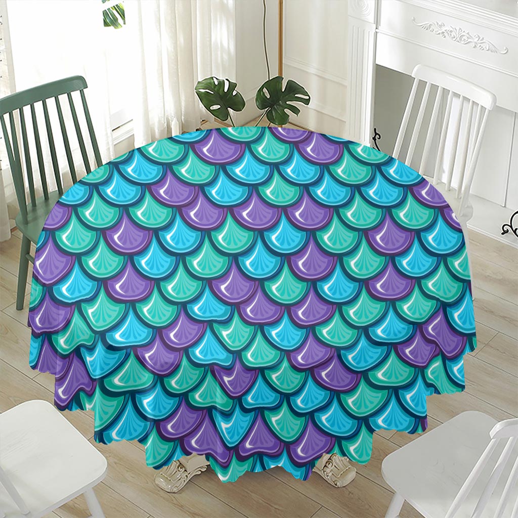 Teal Mermaid Scales Pattern Print Waterproof Round Tablecloth