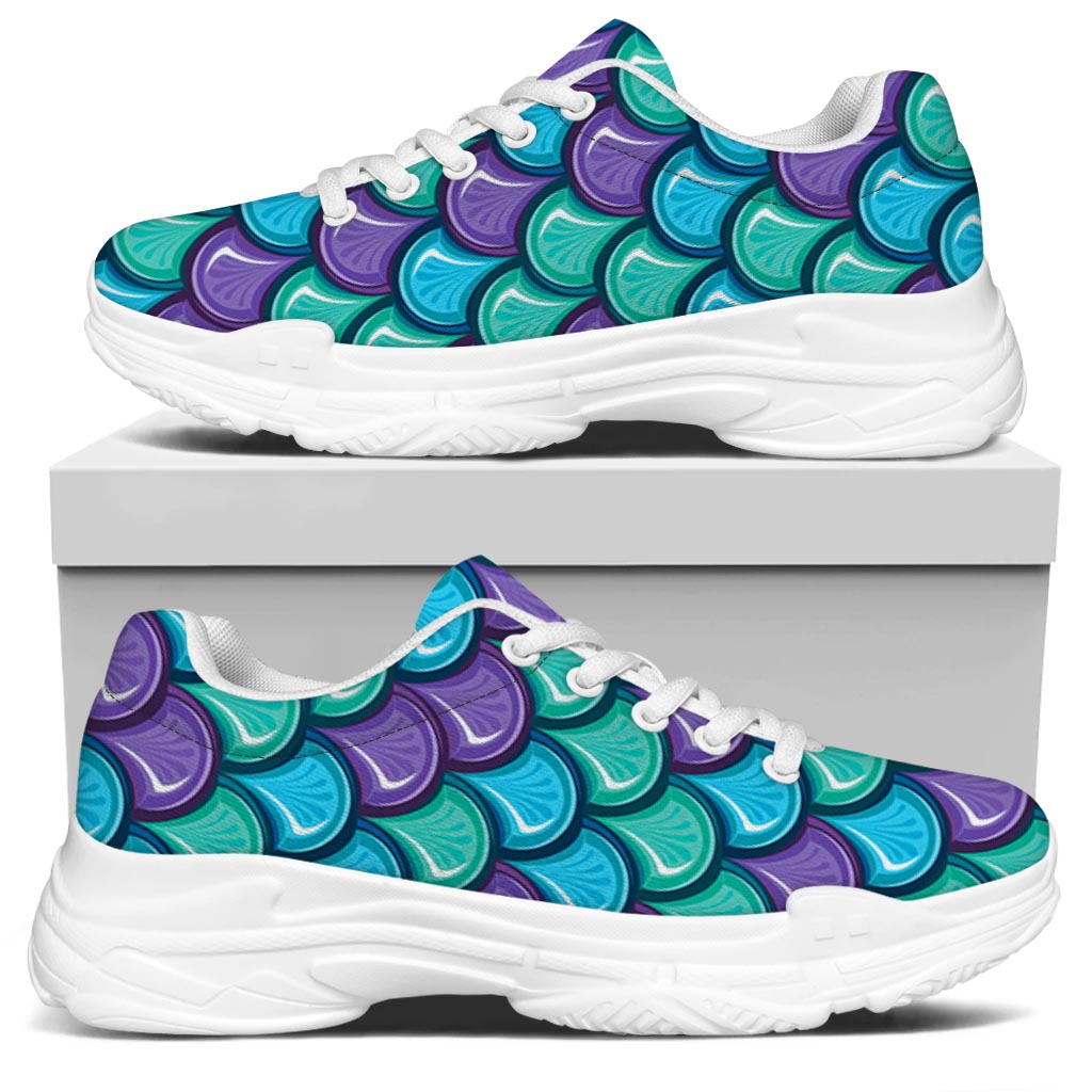Teal Mermaid Scales Pattern Print White Chunky Shoes