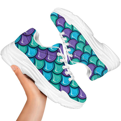 Teal Mermaid Scales Pattern Print White Chunky Shoes