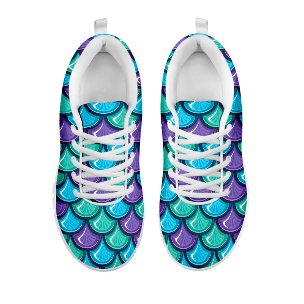 Teal Mermaid Scales Pattern Print White Running Shoes