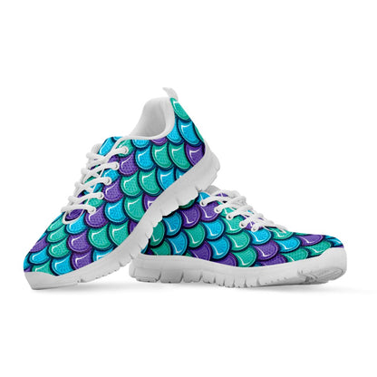 Teal Mermaid Scales Pattern Print White Running Shoes