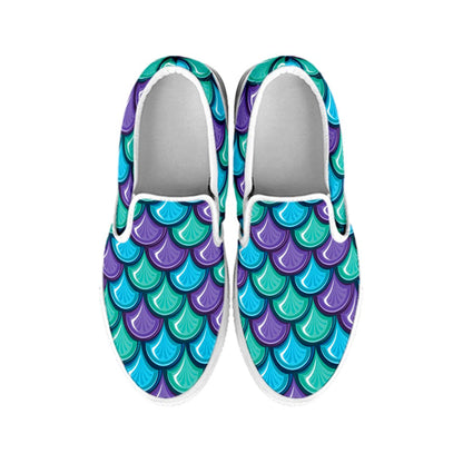 Teal Mermaid Scales Pattern Print White Slip On Sneakers