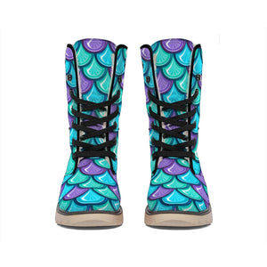 Teal Mermaid Scales Pattern Print Winter Boots