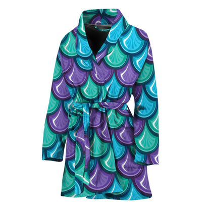 Teal Mermaid Scales Pattern Print Women's Bathrobe