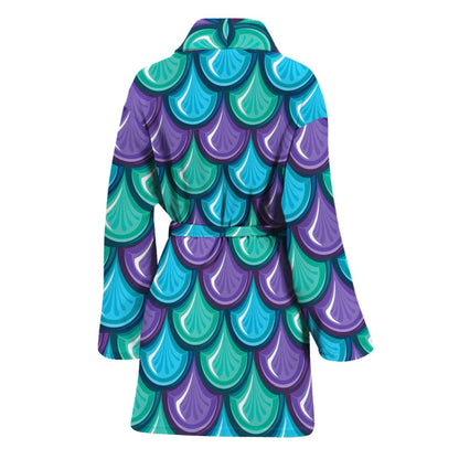 Teal Mermaid Scales Pattern Print Women's Bathrobe