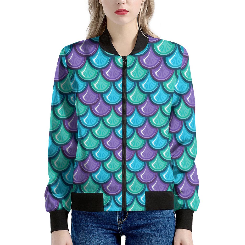 Teal Mermaid Scales Pattern Print Women's Bomber Jacket