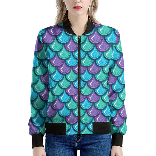 Teal Mermaid Scales Pattern Print Women's Bomber Jacket