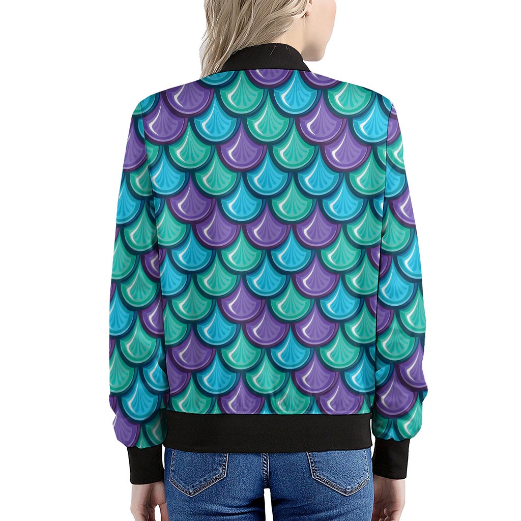 Teal Mermaid Scales Pattern Print Women's Bomber Jacket