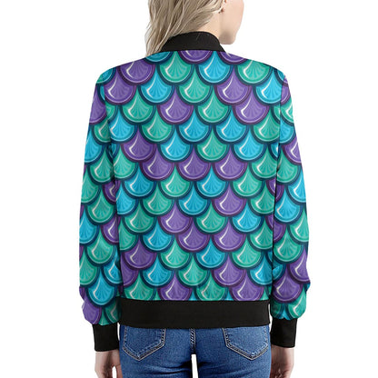 Teal Mermaid Scales Pattern Print Women's Bomber Jacket
