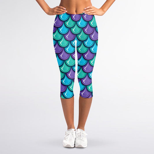 Teal Mermaid Scales Pattern Print Women's Capri Leggings