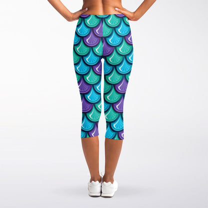 Teal Mermaid Scales Pattern Print Women's Capri Leggings