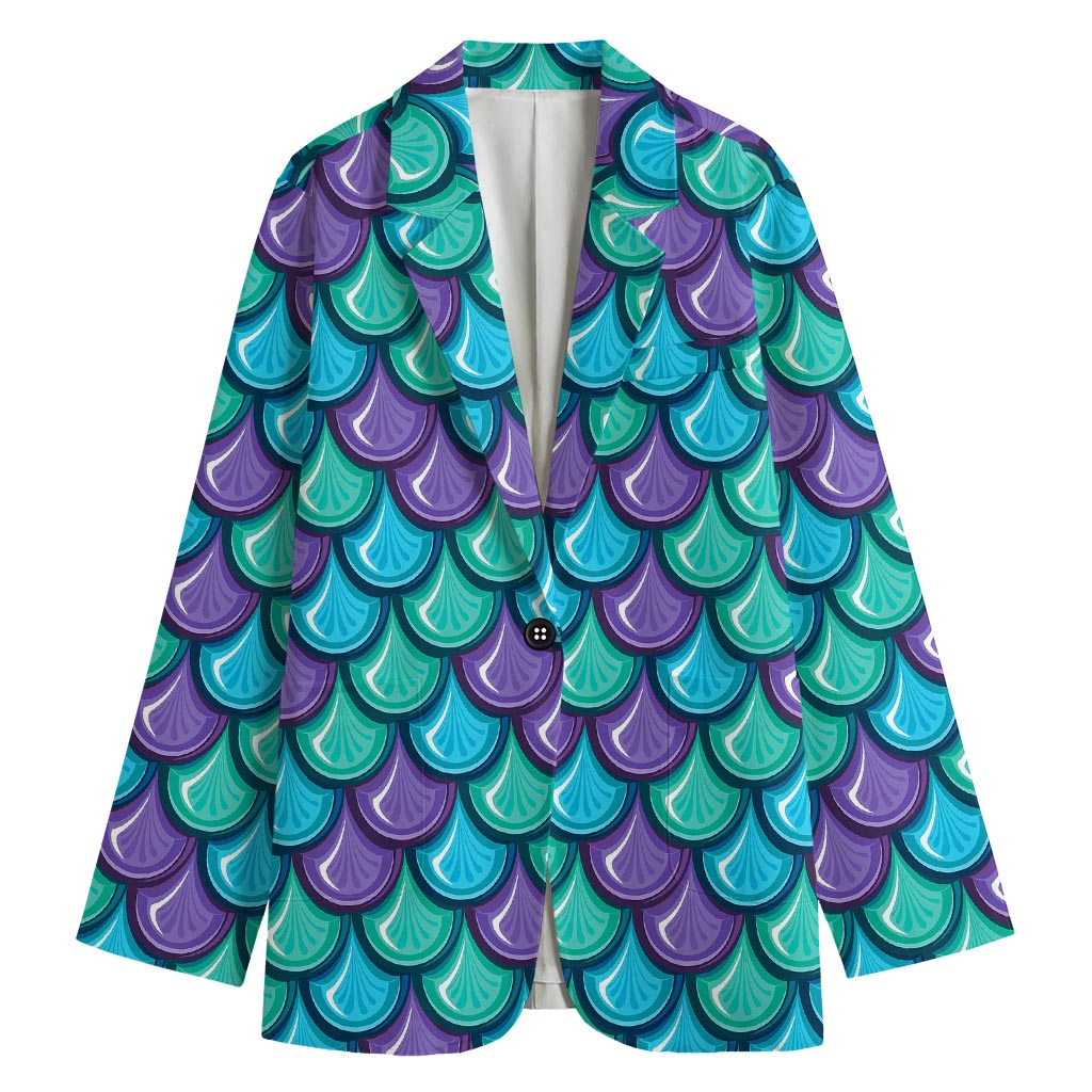 Teal Mermaid Scales Pattern Print Women's Cotton Blazer