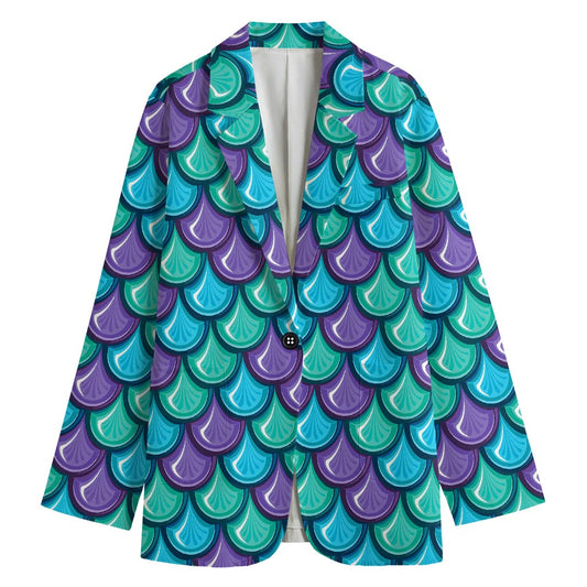 Teal Mermaid Scales Pattern Print Women's Cotton Blazer