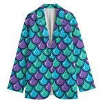 Teal Mermaid Scales Pattern Print Women's Cotton Blazer
