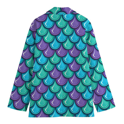 Teal Mermaid Scales Pattern Print Women's Cotton Blazer
