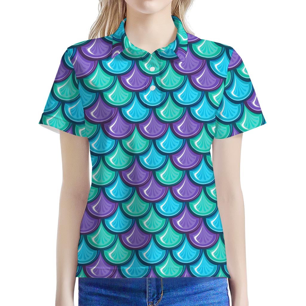 Teal Mermaid Scales Pattern Print Women's Polo Shirt