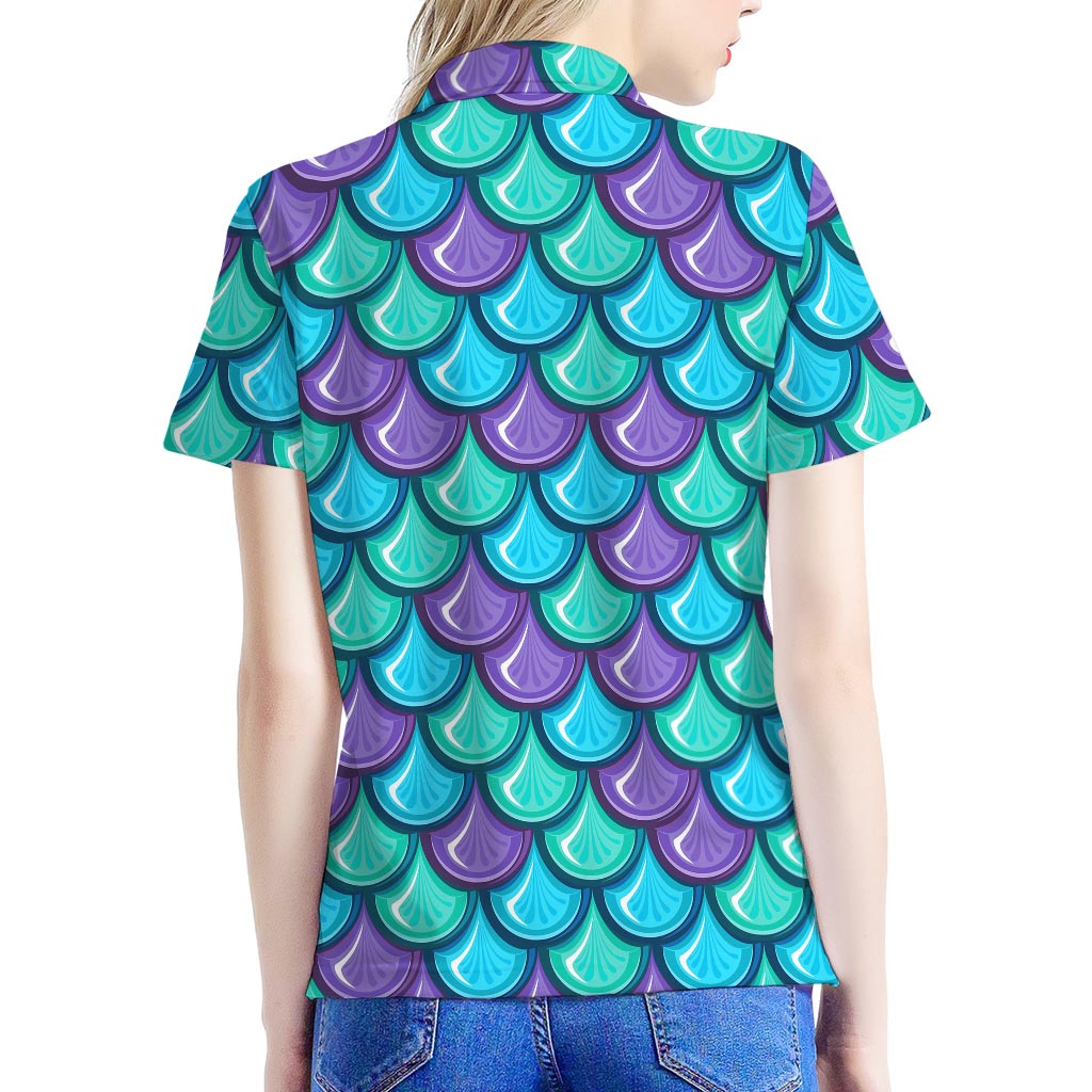 Teal Mermaid Scales Pattern Print Women's Polo Shirt