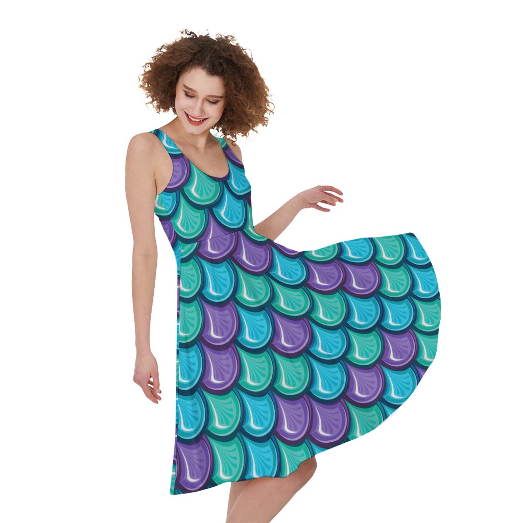 Teal Mermaid Scales Pattern Print Sleeveless Knee Length Dress GearFrost Teal Mermaid Scales Pattern Print Sleeveless Knee Length Dress GearFrost