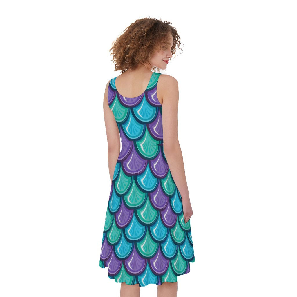 Teal Mermaid Scales Pattern Print Women's Sleeveless Dress